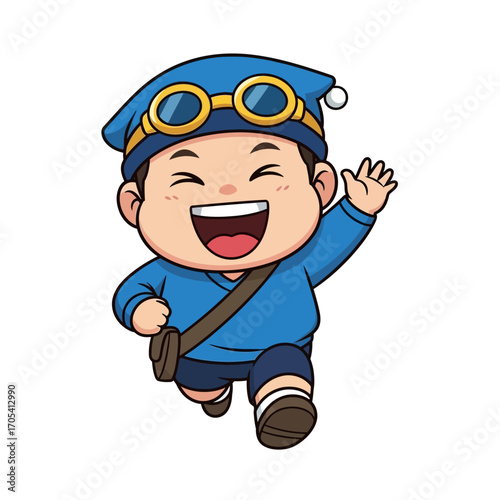 Happy cartoon adventurer boy with goggles running and waving, isolated vector illustration