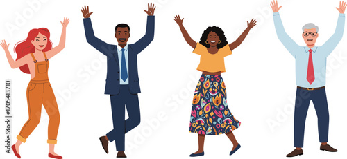 Diverse group of happy people celebrating success, multicultural team raising hands joyfully, business and casual attire, teamwork and happiness concept.
