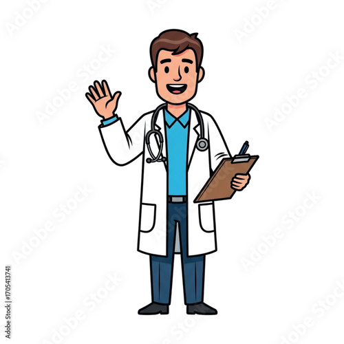 Cartoon Doctor Waving Hello Holding Clipboard.