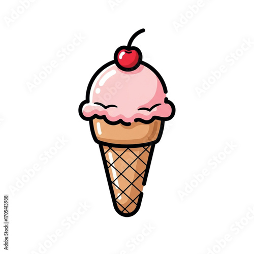 Pink ice cream cone with cherry on top.