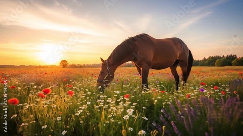 Horse Grazing Calmly in Vibrant Wildflower Field at Sunset with Warm Lighting and Natural Landscape