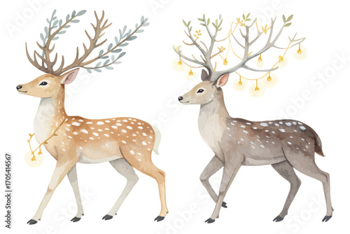 Watercolor deer with antlers decorated with lights vector illustration 