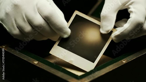 Wearing white gloves a person carefully handles and lifts a faded vintage instant photograph from a dark felt-lined box evoking feelings of nostalgia and precious memory.