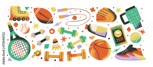 Sport stickers in cartoon style with tennis racket, basketball, roller skates, dumbbells, skipping rope and sneakers. Fun vector doodle set for training, fitness and games.