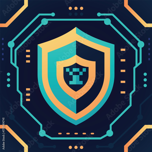 Abstract illustration showing digital protection using futuristic shield and digital padlock graphics with green, yellow and dark blue
