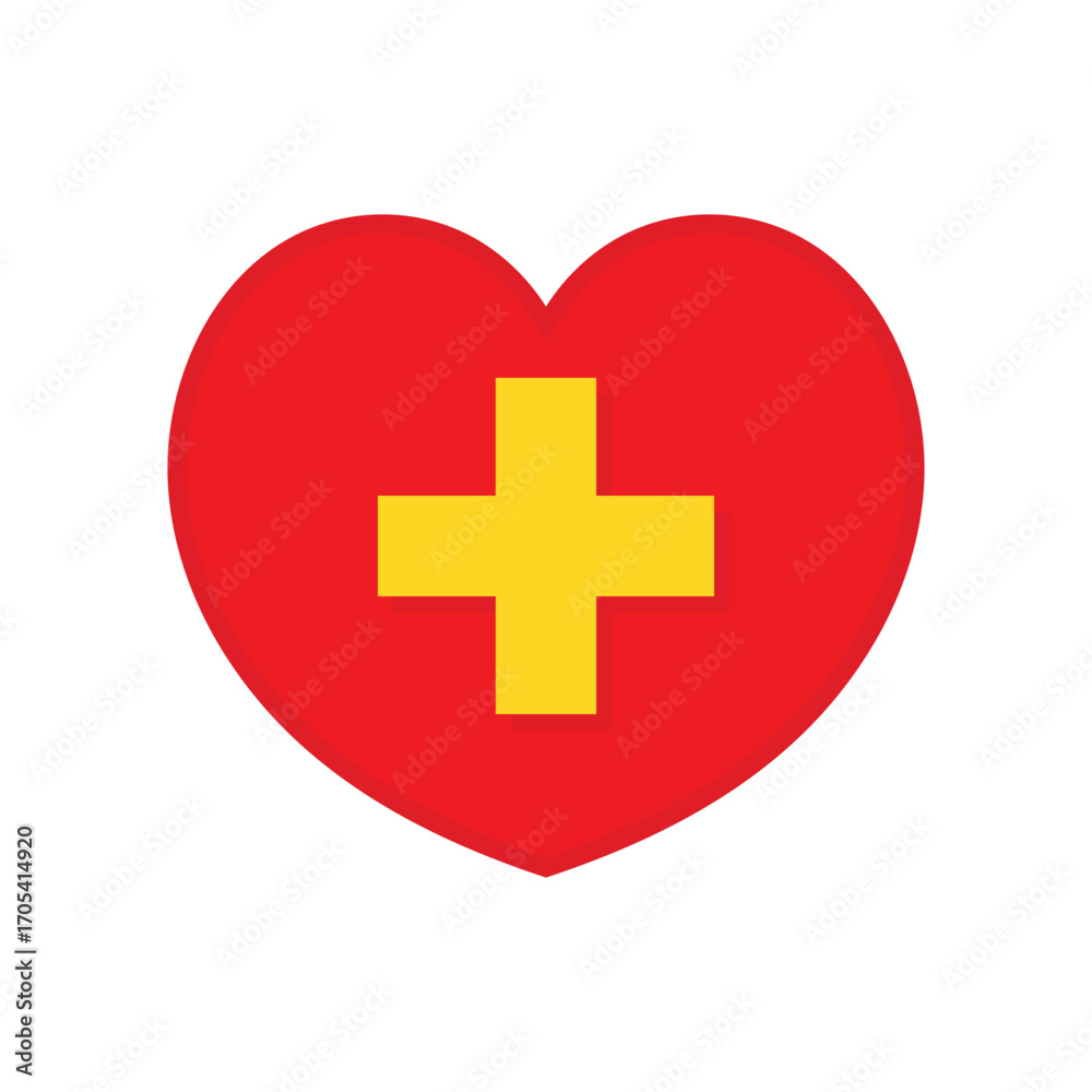 Obraz premium Red heart with a yellow medical cross symbol. Vector icon representing healthcare, first aid, hospital, emergency, medical care, cardiology, health services, and life-saving support.