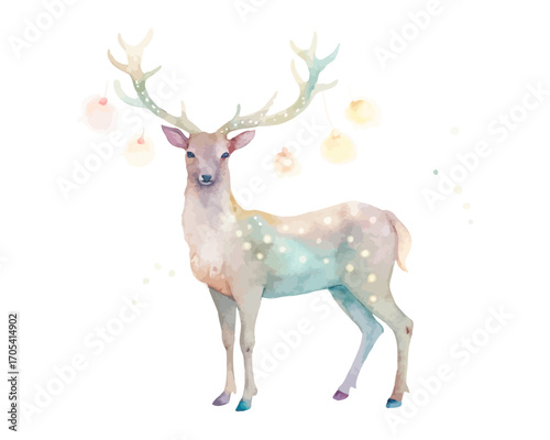 Watercolor deer with antlers decorated with lights vector illustration isolated on white background
