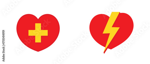 Red heart icons with yellow medical cross and lightning bolt. Vector symbols for health, healthcare, cardiology, defibrillator, first aid, emergency, medical care, and life-saving concepts.