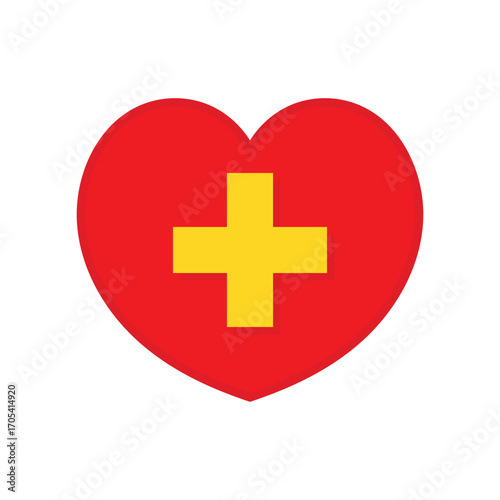 Red heart with a yellow medical cross symbol. Vector icon representing healthcare, first aid, hospital, emergency, medical care, cardiology, health services, and life-saving support.