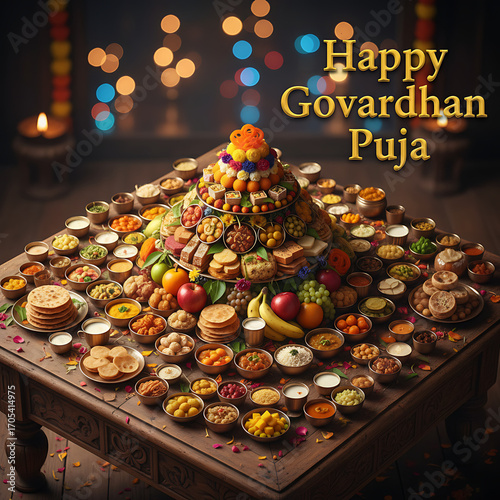 Govardhan Puja is a Hindu festival celebrated after Diwali to honor Lord Krishna lifting Govardhan Hill to protect villagers from rain. Devotees offer food, worship nature, and perform rituals symboli