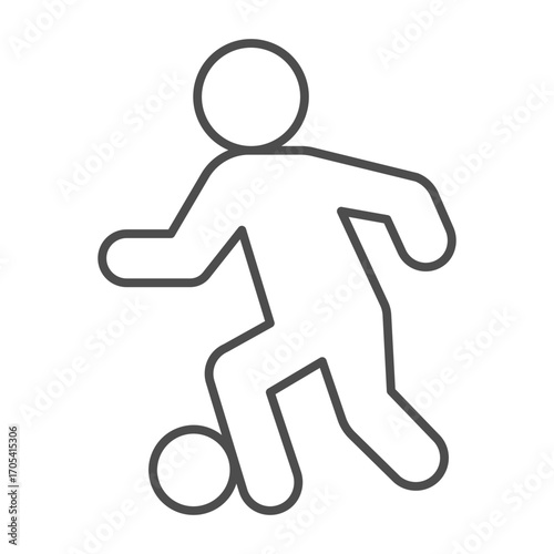 Sportsman with ball thin line icon, football sport concept. Vector graphics. Football player, soccer sign on white background, outline style icon for mobile or web design.