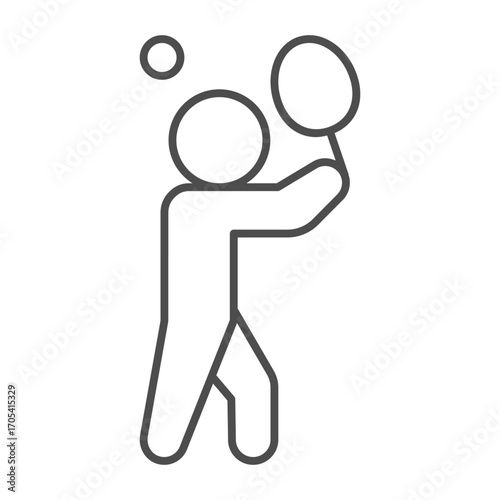 Athlete man with a racket and ball, tennis sport concept. Vector graphics. Tennis player, sportsman sign on white background, outline style icon for mobile or web design.
