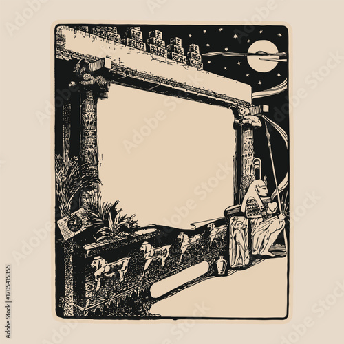 Amazing cool egipcian style museum frame old retro vintage illustration poster template design