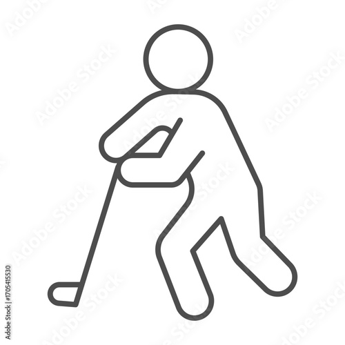 Athlete man with hokey stick thin line icon, winter sport concept. Vector graphics. Hockey player, sportsman sign on white background, outline style icon for mobile or web design.