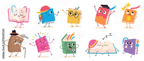 Funny books characters. Book various emotions and poses, isolated cute champion, student, crying character. Education, library nowaday vector clipart