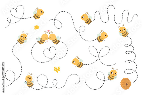 Flying bee with path. Dotted routes various shapes with cute cartoon bees. Fly route or way to beehive. Different flight paths, nowaday vector set