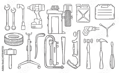Doodle auto service set. Car repair sketch elements, different renovation autos garage equipment. Mechanic tools, hand drawn neoteric vector icons