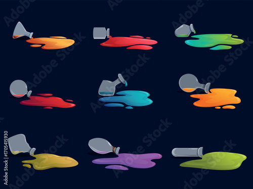 Spilled potion. Different glass bottles in toxic puddles. Witch magic equipment, poison or dangerous liquid neon colors. Spilling elements sapid vector set