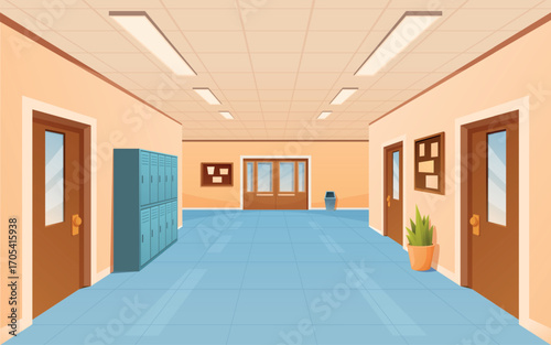 Cartoon school corridor. College hallway with doors wardrobe, information boards. Entrance in education building, empty interior sapid vector scene