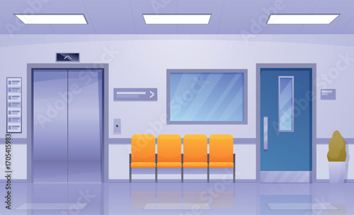 Cartoon hospital empty corridor. Clinic interior inside with bench, elevator and ward doors. Emergency, medical building waiting zone, sapid vector scene