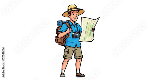 Cartoon man with backpack and map on a trip.