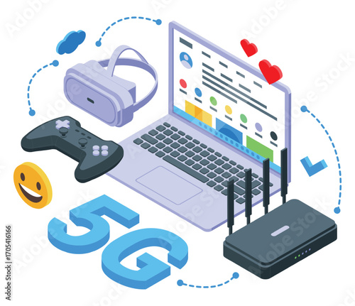 5g internet technology. Global network, one user account for gaming on laptop and game console or ai helmet. Broadband hotspots wifi nifty vector scene