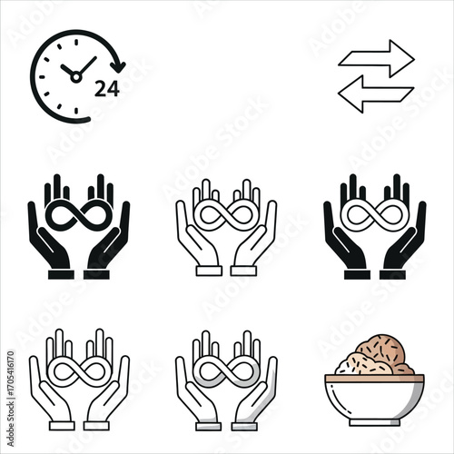Vector icon set featuring infinity symbol in hands, 24-hour service clock, and exchange arrows for business concepts