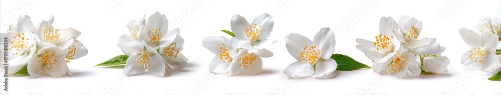 Obraz premium White jasmine flowers in a horizontal arrangement against a white background. Soft, delicate blooms with green leaves, showcasing their beauty and elegance