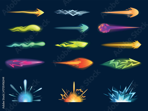 Cartoon bright shooting effects. Futuristic guns laser shoot effect, colorful explosion, flames, attack elements. Power plasma flow, sapid vector set