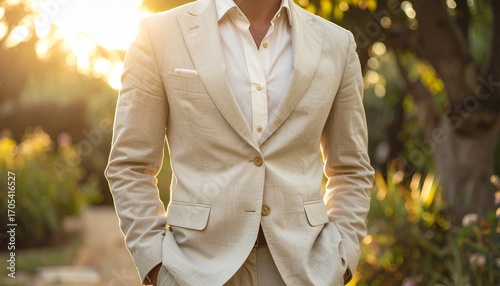 Elegant man in a light linen suit enjoys a warm golden hour sunset outdoors.
