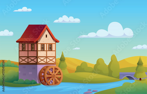 Water mill illustration. Wooden stone house in valley with river and bridge. Wood ring for hydropower of water for grind flour, sapid vector landscape