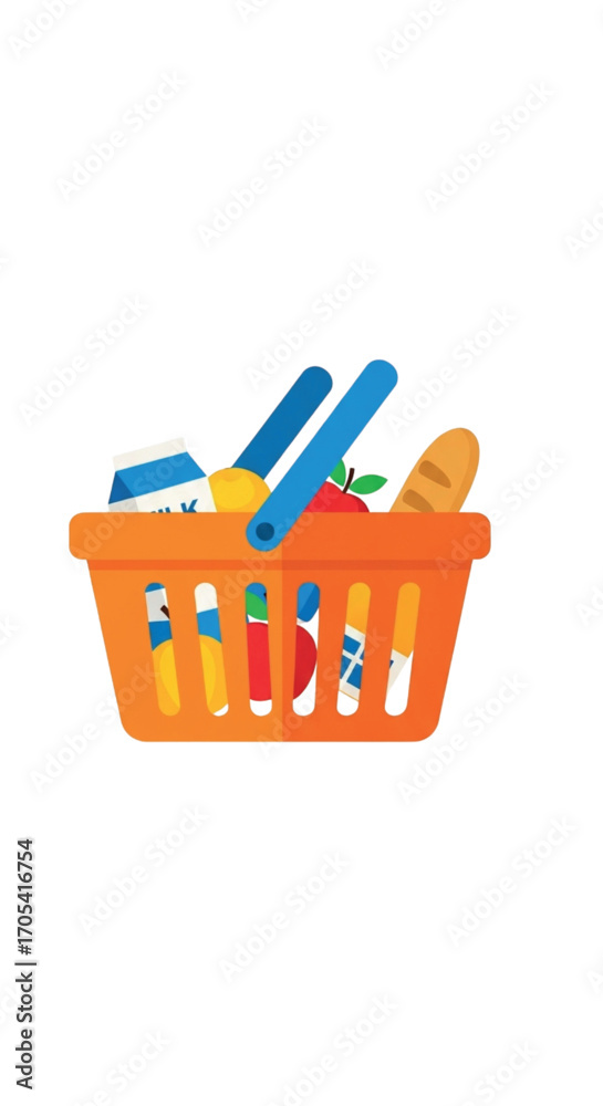 Fototapeta premium Orange toy shopping basket filled with colorful toy food items.
