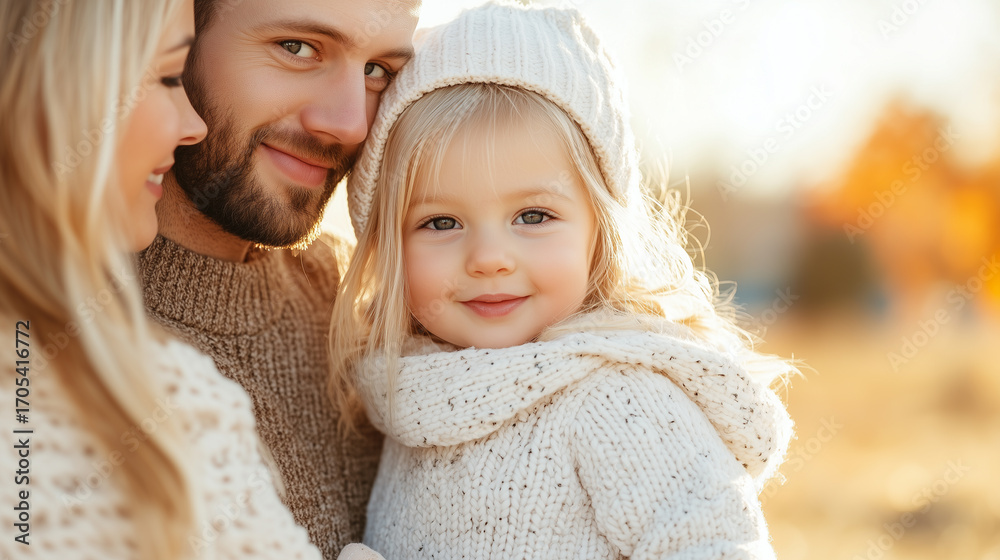 Obraz premium A charming girl in a cozy knitted sweater, smiling warmly in a serene outdoor setting