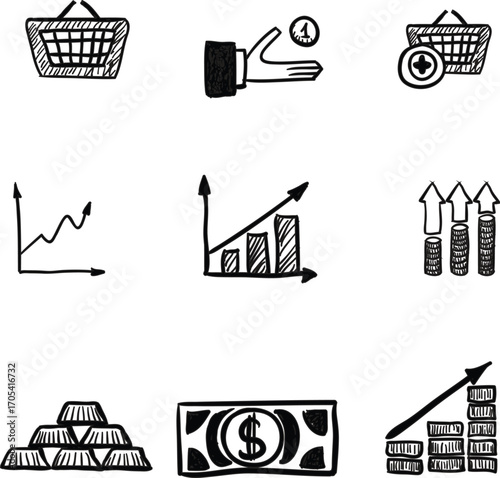 Minimal doodle drawings of economic concepts like sales, savings, and income growth