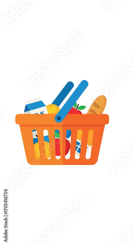 Orange toy shopping basket filled with colorful toy food items.