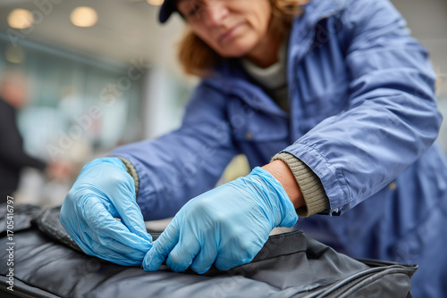 Officer with protective gloves checking suitcase contents at border control, cinematic realism, 