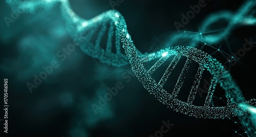 Genetic DNA double helix with vibrant blue and green dots, dark setting with digital wave connections, perfect for biology research and data analysis resources