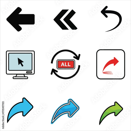 A versatile collection of vector arrow icons designed for digital user interface navigation. This set includes back, refresh, share, and cursor symbols for web projects