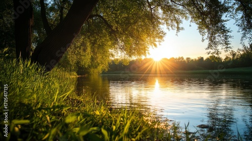 A scenic view of a river at sunset with the sun shining through the trees.