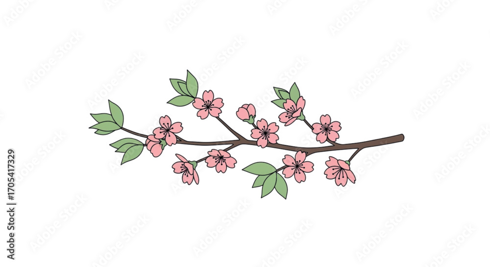 Fototapeta premium Cherry Blossom Branch with Pink Flowers and Green Leaves.