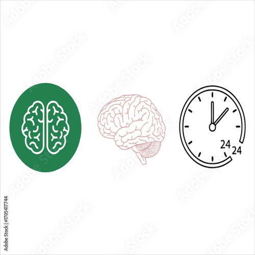 Set of vector icons showing the brain and a 24-hour clock, symbolizing circadian rhythm, mental health, and daily cognitive function