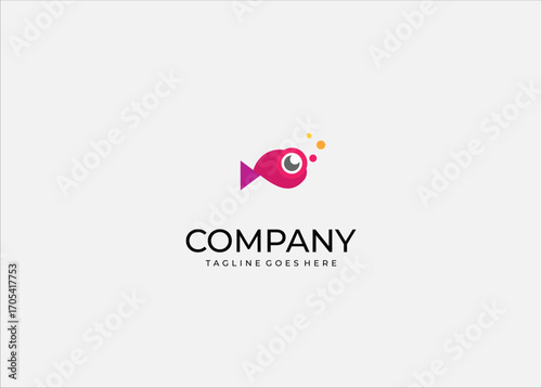 Vector Illustration Cute Minimalist Fish Logo – Pink and Purple Geometric Vector with Bubbles for Kids, Aquatic, and Creative Branding.