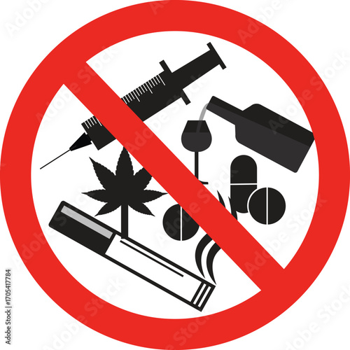 prohibited substance abuse vector, anti addiction warning illustration.