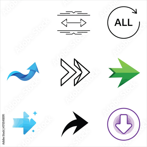 Creative collection of diverse arrow icons and pointer symbols, a vector set for user interface design showing direction, refresh, and download