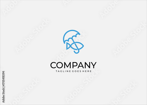 Fish and Umbrella logo design creatively merges the symbol of a fish with an umbrella, representing marine protection.