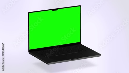 Laptop Opening with Blank Green Chroma Key Screen Isolated on White Background
