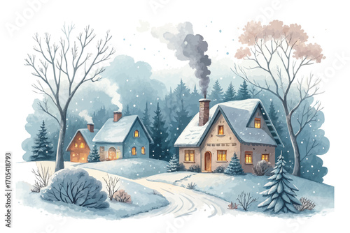 Watercolor cozy village in snow 