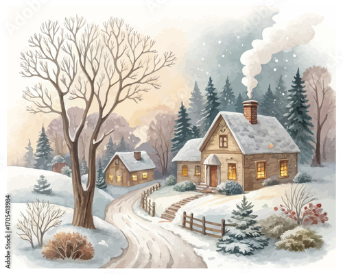 Watercolor cozy village in snow vector illustration 