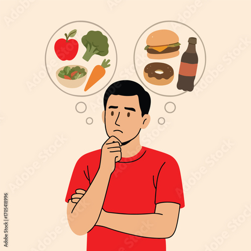 Man deciding between healthy and unhealthy food choices
