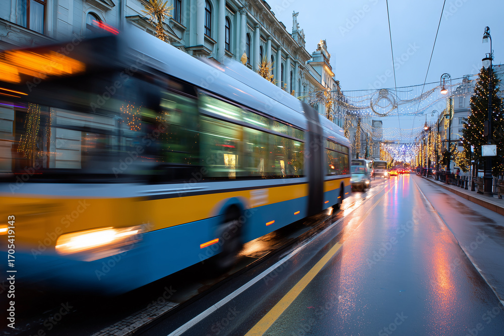 Obraz premium City trolleybus moving along street with evening lights